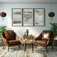 3D living room with two brown leather chairs and canvas posters AI Generative photo