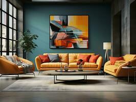 Modern living room with sofa and colorful canvas AI Generative photo