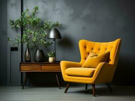 un amarillo silla es en frente de un gris pared con plantas ai generativo foto