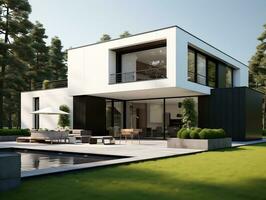 Modern and sleek beautiful 3D rendering of a white house exterior design AI Generative photo