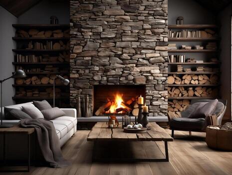 Modern interior room with stone fireplace and wood logs AI Generative photo