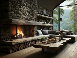 Modern interior room with stone fireplace and wood logs AI Generative photo