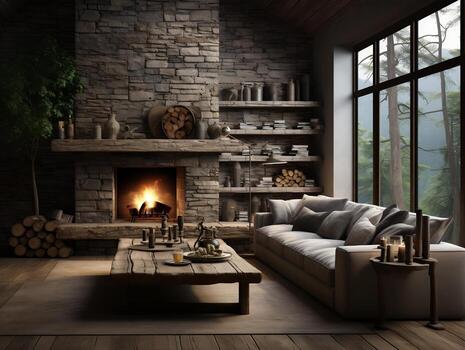 Modern interior room with stone fireplace and wood logs AI Generative photo