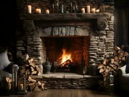 Modern interior room with stone fireplace and wood logs AI Generative photo