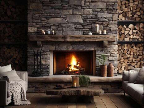 Modern interior room with stone fireplace and wood logs AI Generative photo
