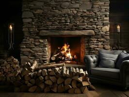 Modern interior room with stone fireplace and wood logs AI Generative photo