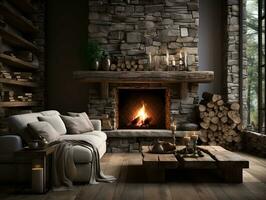 Modern interior room with stone fireplace and wood logs AI Generative photo