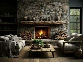 Modern interior room with stone fireplace and wood logs AI Generative photo