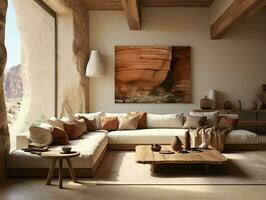 The living room is decorated on a stone floor and wall with wooden furniture AI Generative photo