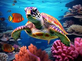 A turtle swims over colorful corals in the ocean AI Generative photo