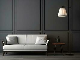 White sofa and a table lamp in a dark gray room AI Generative photo