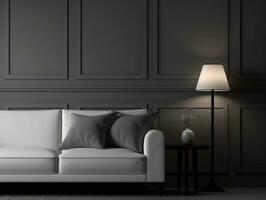 White sofa and a table lamp in a dark gray room AI Generative photo