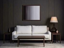 White sofa and a table lamp in a dark gray room AI Generative photo