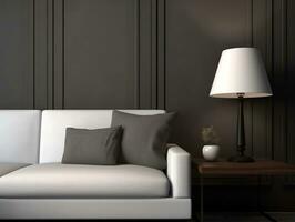 White sofa and a table lamp in a dark gray room AI Generative photo