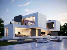 Modern and sleek beautiful 3D rendering of a white house exterior design AI Generative photo