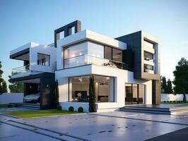 Modern and sleek beautiful 3D rendering of a white house exterior design AI Generative photo