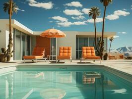 Swimming pool and chairs with umbrellas and palm trees AI Generative photo