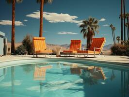 Swimming pool and chairs with umbrellas and palm trees AI Generative photo