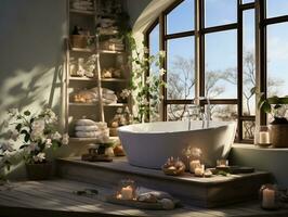 blanco baño con plantas y ventanas ai generativo foto