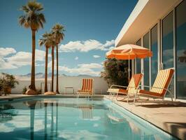 Swimming pool and chairs with umbrellas and palm trees AI Generative photo