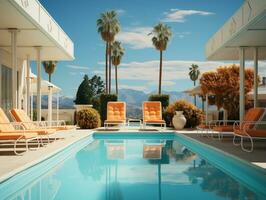 Swimming pool and chairs with umbrellas and palm trees AI Generative photo