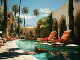 Swimming pool and chairs with umbrellas and palm trees AI Generative photo