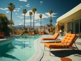 Swimming pool and chairs with umbrellas and palm trees AI Generative photo