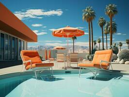 Swimming pool and chairs with umbrellas and palm trees AI Generative photo