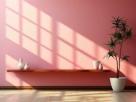 Pink empty room with a window and a beam of sunlight AI Generative photo