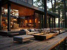 Luxurious home with a patio set furniture on a wooden deck AI Generative photo