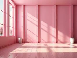 Pink empty room with a window and a beam of sunlight AI Generative photo