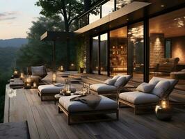 Luxurious home with a patio set furniture on a wooden deck AI Generative photo