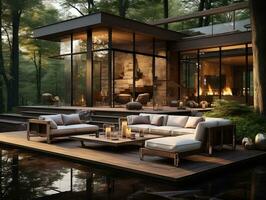 Luxurious home with a patio set furniture on a wooden deck AI Generative photo