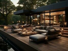 Luxurious home with a patio set furniture on a wooden deck AI Generative photo