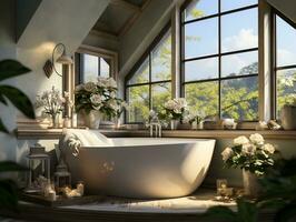 blanco baño con plantas y ventanas ai generativo foto