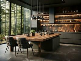 Modern dark walls kitchen interior with  dining table and chairs AI Generative photo