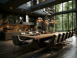 Modern dark walls kitchen interior with  dining table and chairs AI Generative photo