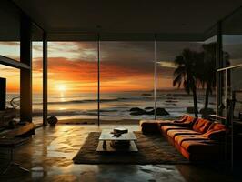 Living room with large windows and glass doors looking toward the beach and the sunset AI Generative photo