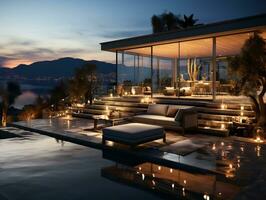 Modern villa interiors overlooking the sea and mountains AI Generative photo