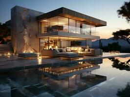 Modern villa interiors overlooking the sea and mountains AI Generative photo