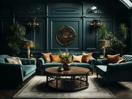 Sofas and coffee table are shown in a dark blue interior room AI Generative photo