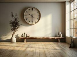Minimalist modern room with white walls and wood floors has a large wall mounted clock AI Generative photo