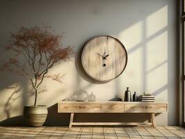 Minimalist modern room with white walls and wood floors has a large wall mounted clock AI Generative photo