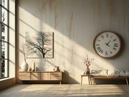 Minimalist modern room with white walls and wood floors has a large wall mounted clock AI Generative photo