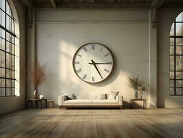 Minimalist modern room with white walls and wood floors has a large wall mounted clock AI Generative photo