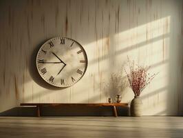 Minimalist modern room with white walls and wood floors has a large wall mounted clock AI Generative photo