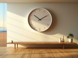 Minimalist modern room with white walls and wood floors has a large wall mounted clock AI Generative photo