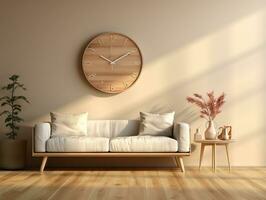 Minimalist modern room with white walls and wood floors has a large wall mounted clock AI Generative photo