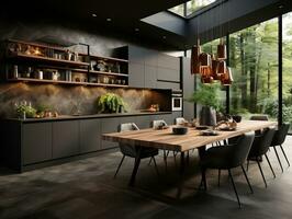 moderno oscuro paredes cocina interior con comida mesa y sillas ai generativo foto