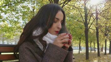 Young beautiful caucasian southern brunette woman in grey coat and white scarf is blowing on hot beverage in thermos mug and sitting on bench in sunny day in autumn park. Slow motion. video